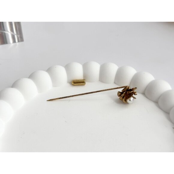 XL Petaled Rose Floral Faux Pearl Gold T Vintage Stick Pin | Hat Pin | Lapel Pin - Picture 9 of 10